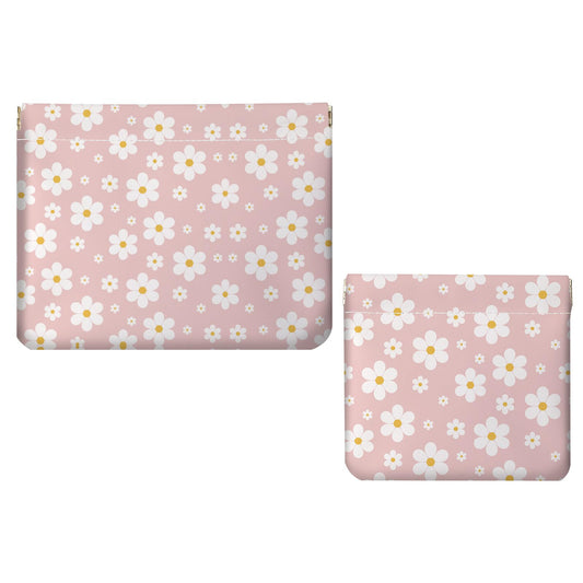 2 PCS PU Leather Small Makeup Bag Set for Purse,No Zipper Self-closing Cosmetic Bag, Portable Coin Purse Lipstick Accessories Organizer Travel Toiletry Storage Pouch for Women,pinkish-white flowers