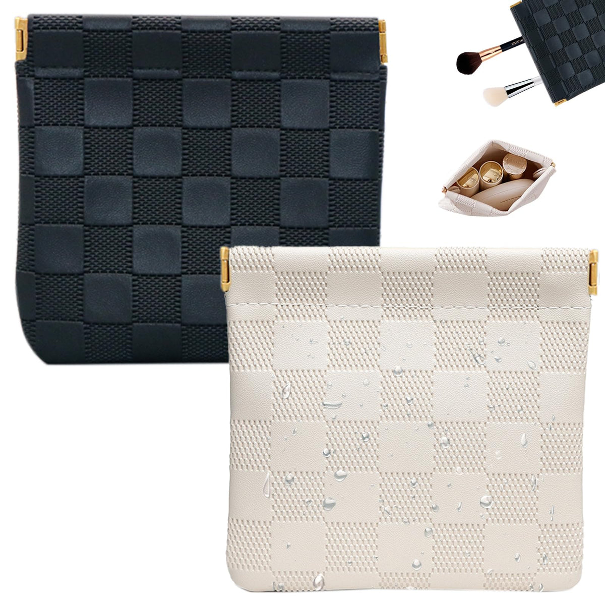 2 PCS Small Makeup Bag for Women, Small Pouches for Purse,Mini Checkered Cosmetic Bag Waterproof Pouch for Travel Storage bag, for Cosmetics Headphones Jewelry Cosmetic Lipstick Coins (Black, Beige)