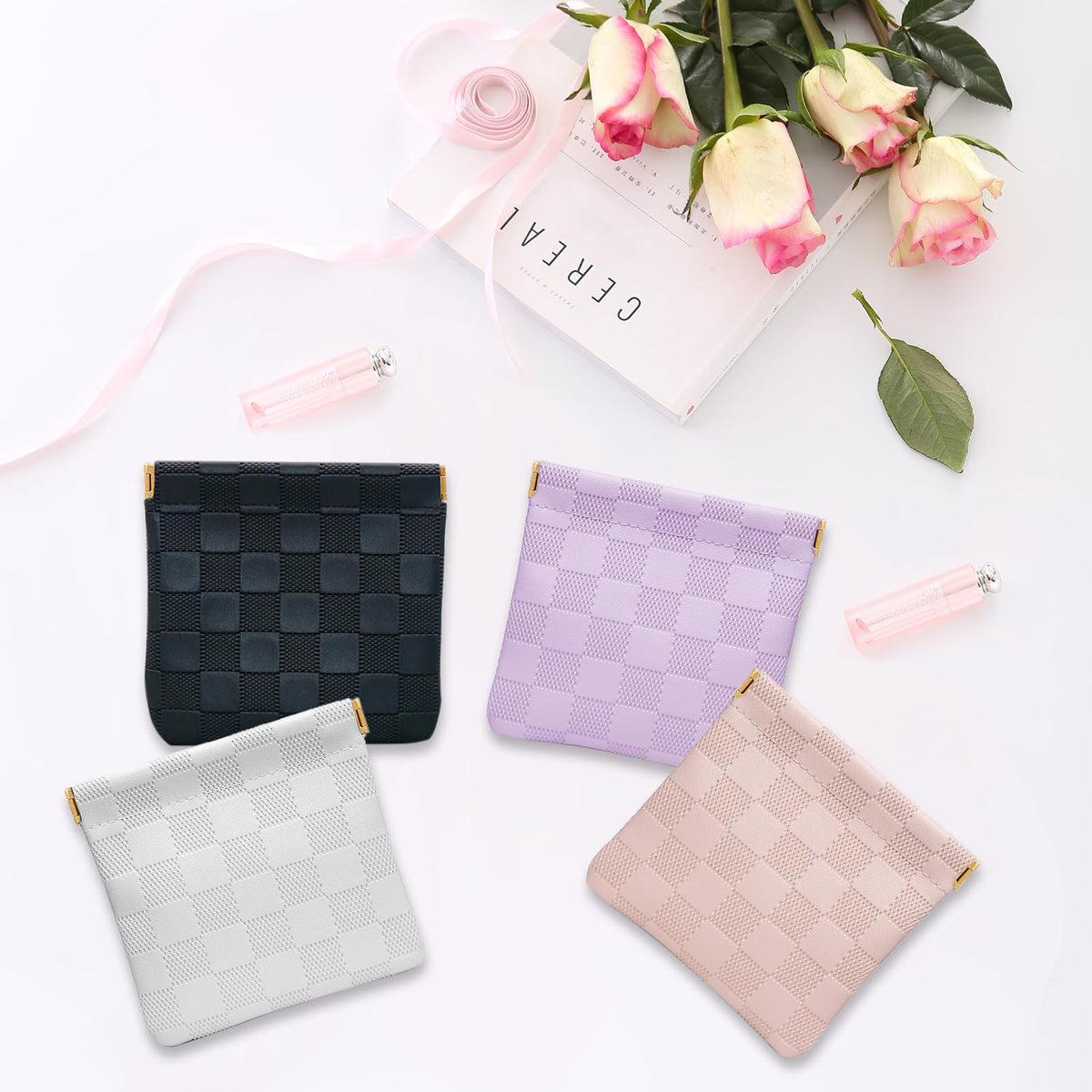 2 PCS Small Makeup Bag for Women, Small Pouches for Purse,Mini Checkered Cosmetic Bag Waterproof Pouch for Travel Storage bag, for Cosmetics Headphones Jewelry Cosmetic Lipstick Coins (Black, Beige)