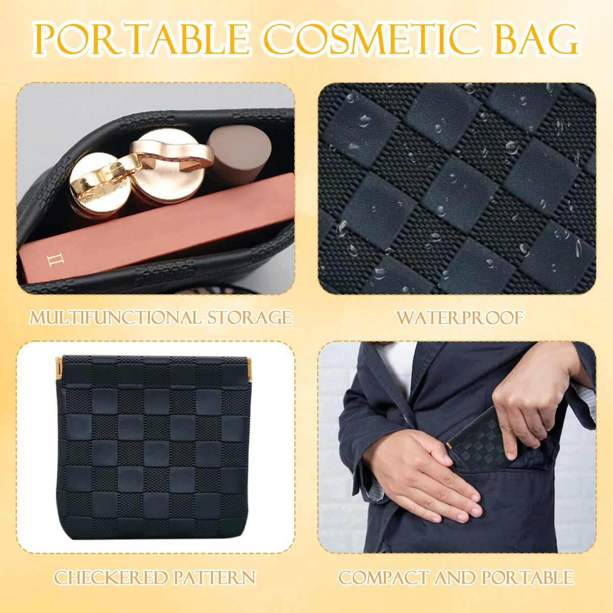 2 PCS Small Makeup Bag for Women, Small Pouches for Purse,Mini Checkered Cosmetic Bag Waterproof Pouch for Travel Storage bag, for Cosmetics Headphones Jewelry Cosmetic Lipstick Coins (Black, Beige)