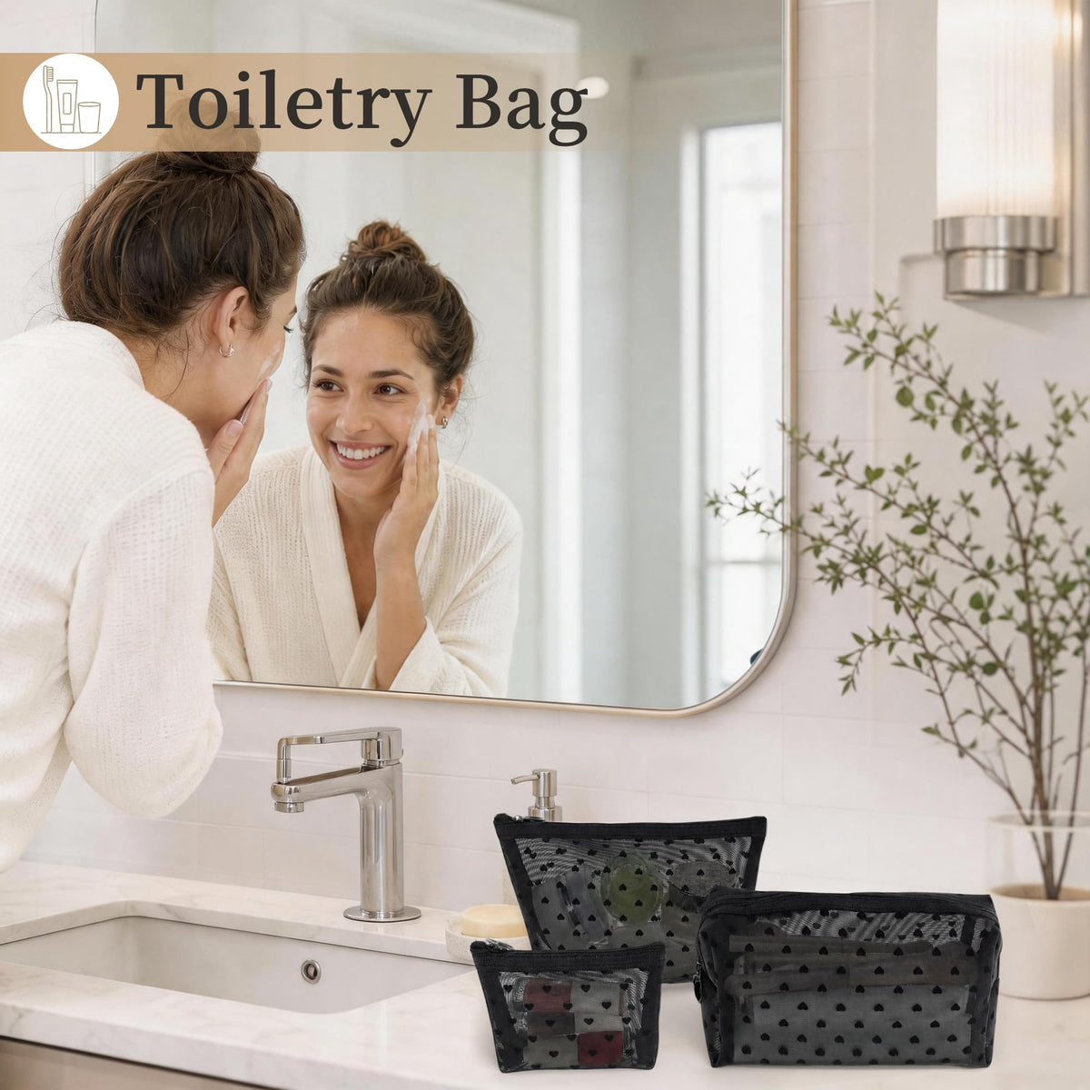 3 Pieces Mesh Makeup Bag Set, Heart Printed Clear Cosmetic Bags, Black