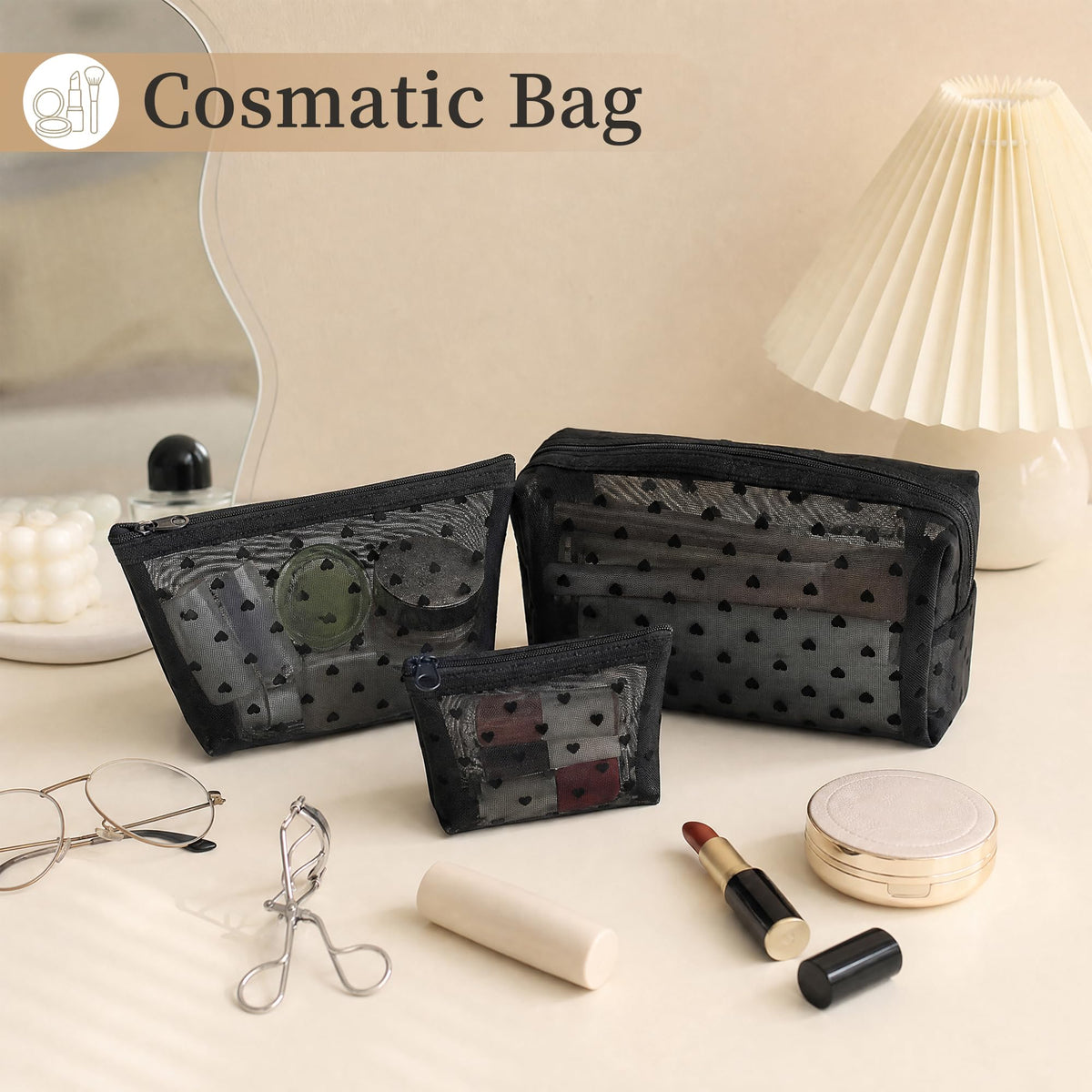 3 Pieces Mesh Makeup Bag Set, Heart Printed Clear Cosmetic Bags, Black