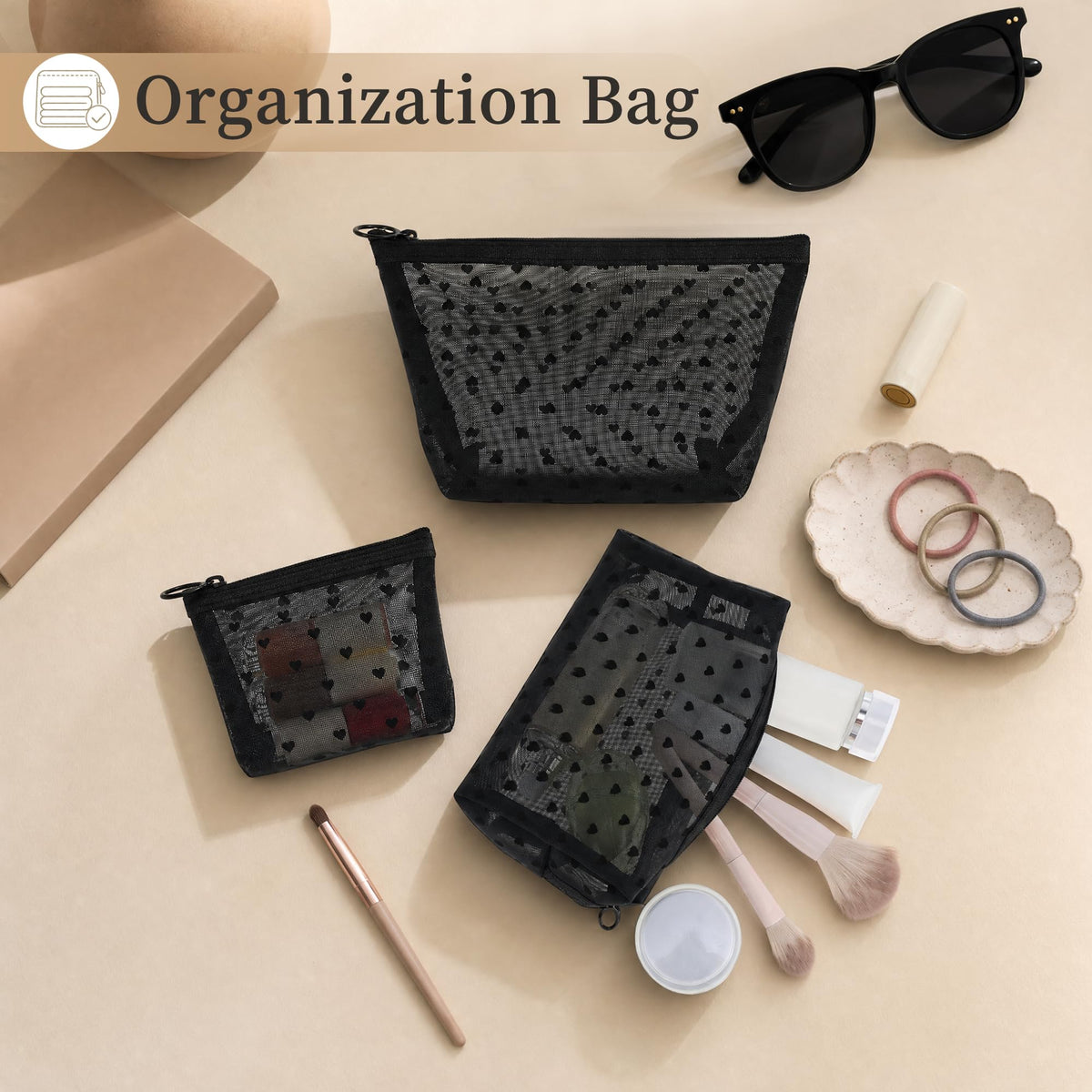 3 Pieces Mesh Makeup Bag Set, Heart Printed Clear Cosmetic Bags, Black