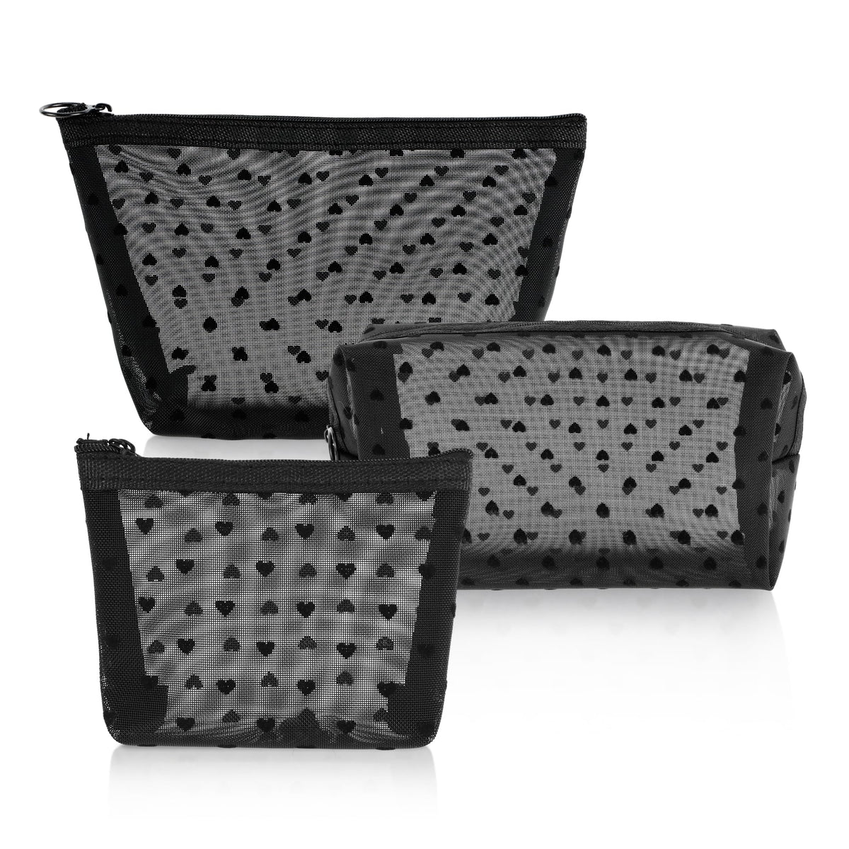 3 Pieces Mesh Makeup Bag Set, Heart Printed Clear Cosmetic Bags, Black