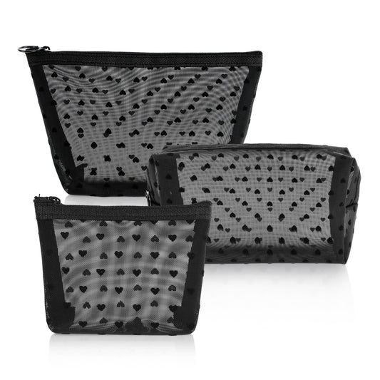 3 Pieces Mesh Makeup Bag Set, Heart Printed Clear Cosmetic Bags, Black