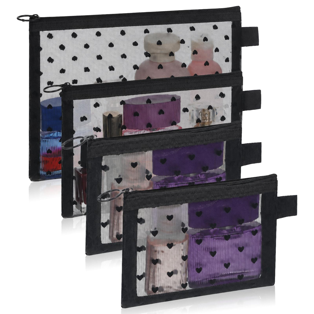 4 Pcs Purse Organizer Bags Cute Pouches for Purse Heart Printed Mesh