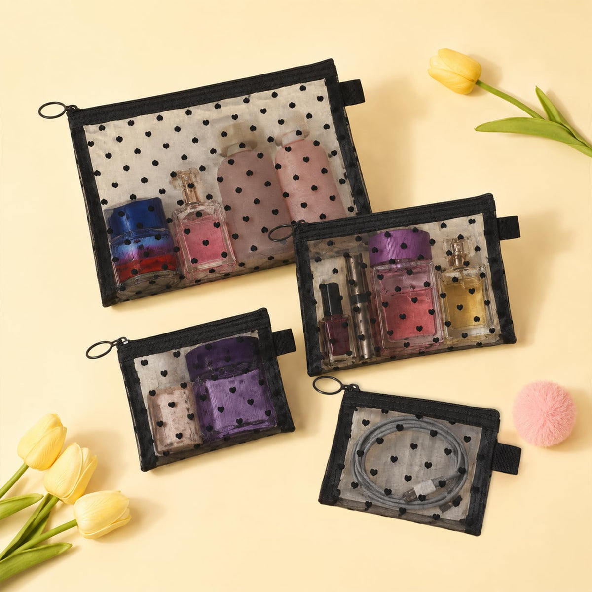 4 Pcs Purse Organizer Bags Cute Pouches for Purse Heart Printed Mesh