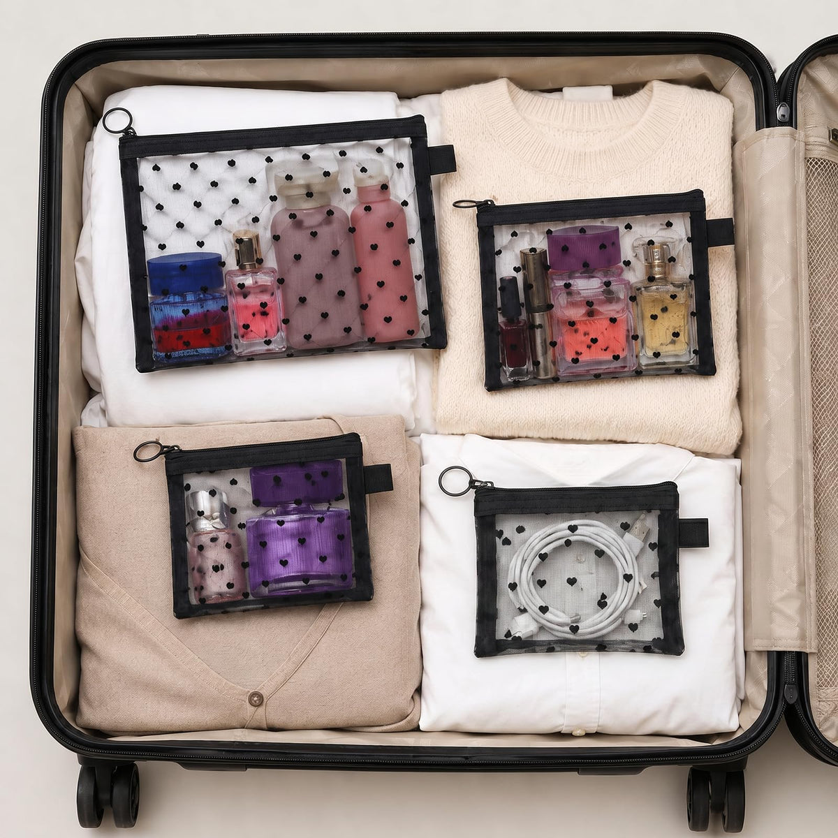 4 Pcs Purse Organizer Bags Cute Pouches for Purse Heart Printed Mesh