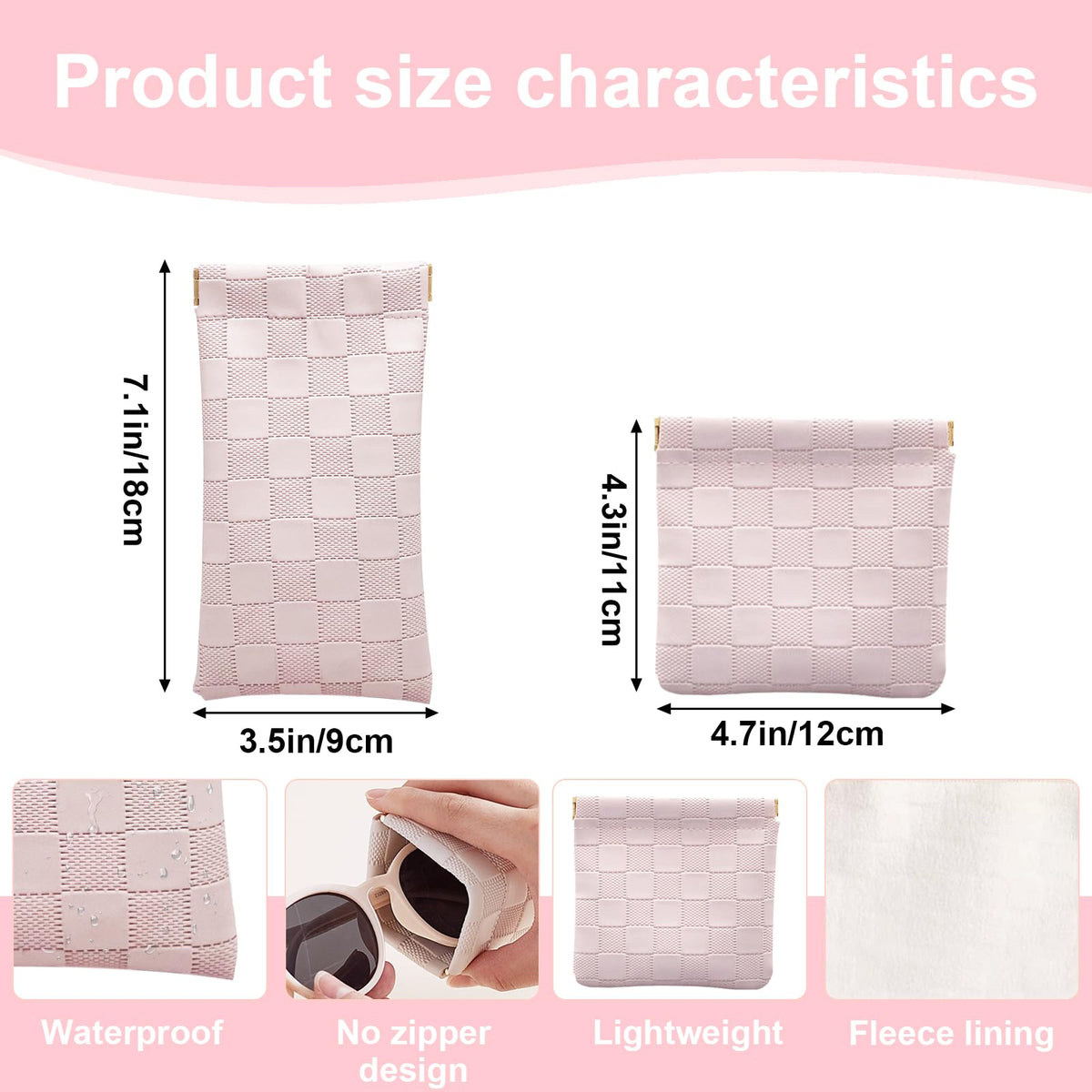 4PCS Small Makeup Bag for Purse, Mini Leather Pocket Cosmetic Bag for Women, Waterproof Portable Makeup Pouch No Zipper Coin Purse Lipstick Bag Accessories, Checkered Travel Storage Bag(White, Pink)