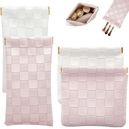 4PCS Small Makeup Bag for Purse, Mini Leather Pocket Cosmetic Bag for Women, Waterproof Portable Makeup Pouch No Zipper Coin Purse Lipstick Bag Accessories, Checkered Travel Storage Bag(White, Pink)