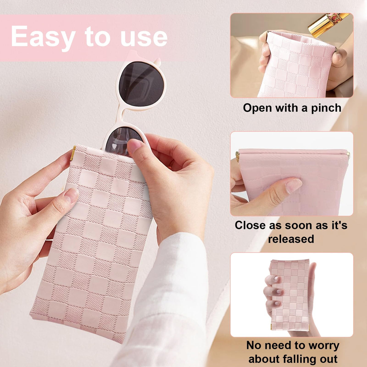 4PCS Small Makeup Bag for Purse, Mini Leather Pocket Cosmetic Bag for Women, Waterproof Portable Makeup Pouch No Zipper Coin Purse Lipstick Bag Accessories, Checkered Travel Storage Bag(White, Pink)