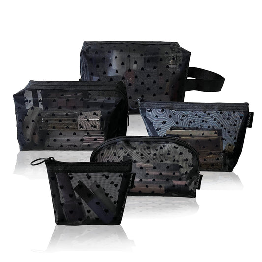 5 Pieces Heart Printed Mesh Makeup Bag Set, Portable Travel Mesh Cosmetic Bags Toiletry Bags Makeup Purse Bags with Zipper Storage Pouches for Home Offices Travel Accessories (Black)