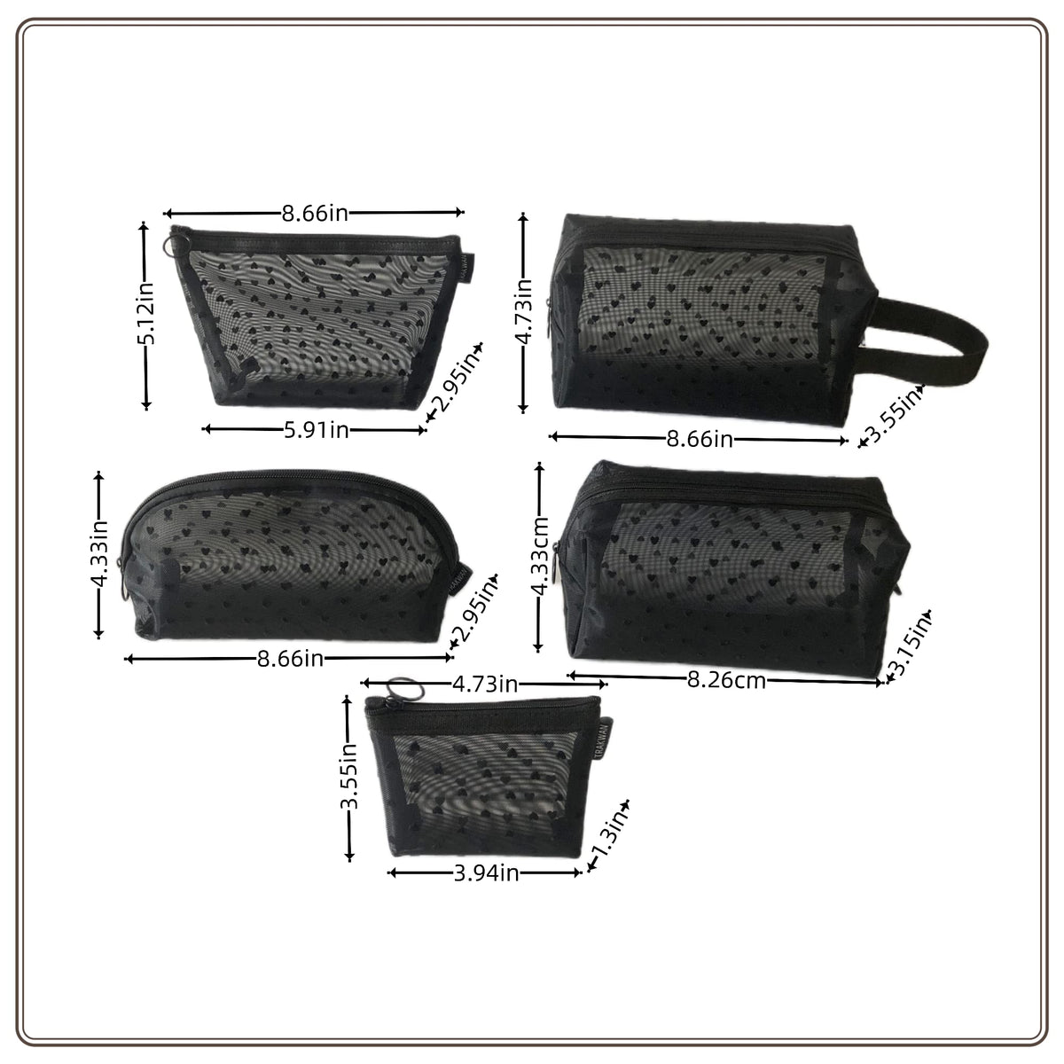 5 Pieces Heart Printed Mesh Makeup Bag Set, Portable Travel Mesh Cosmetic Bags Toiletry Bags Makeup Purse Bags with Zipper Storage Pouches for Home Offices Travel Accessories (Black)