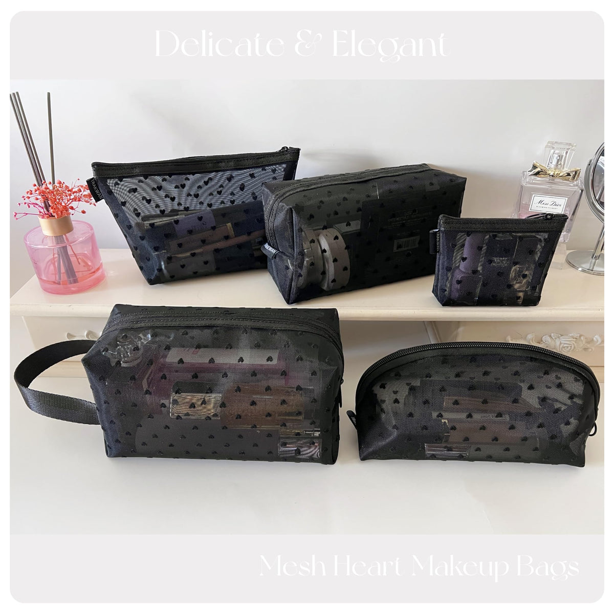 5 Pieces Heart Printed Mesh Makeup Bag Set, Portable Travel Mesh Cosmetic Bags Toiletry Bags Makeup Purse Bags with Zipper Storage Pouches for Home Offices Travel Accessories (Black)