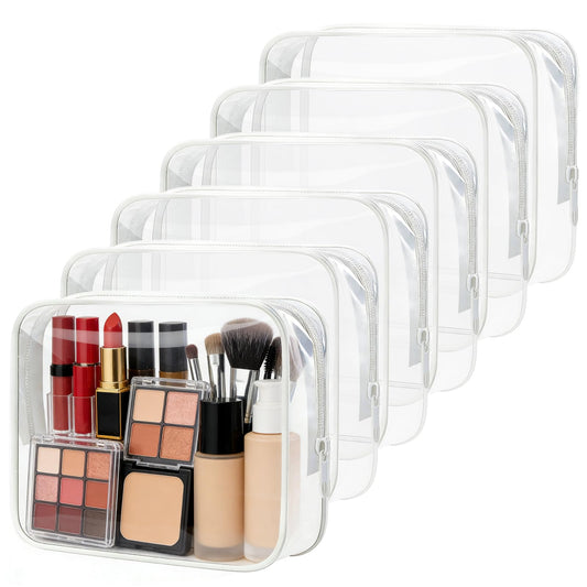 6 Pcs Large Clear Makeup Bags, TSA Approved Toiletry Bags for Travel, Waterproof Clear Pouches with Zipper, Plastic Cosmetic Organizer Case for Women Men Vacation Bathroom Essentials (White Large)