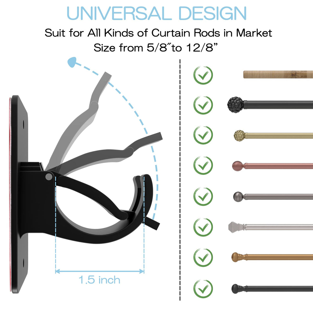 4 Pieces Self Adhesive Curtain Rod Bracket, Universal Plastic Curtain Rod Holders, No Drill Curtain Rod Brackets Curtain Rod Hooks for Bathroom, Bedroom, Livingroom, Kitchen (Black)