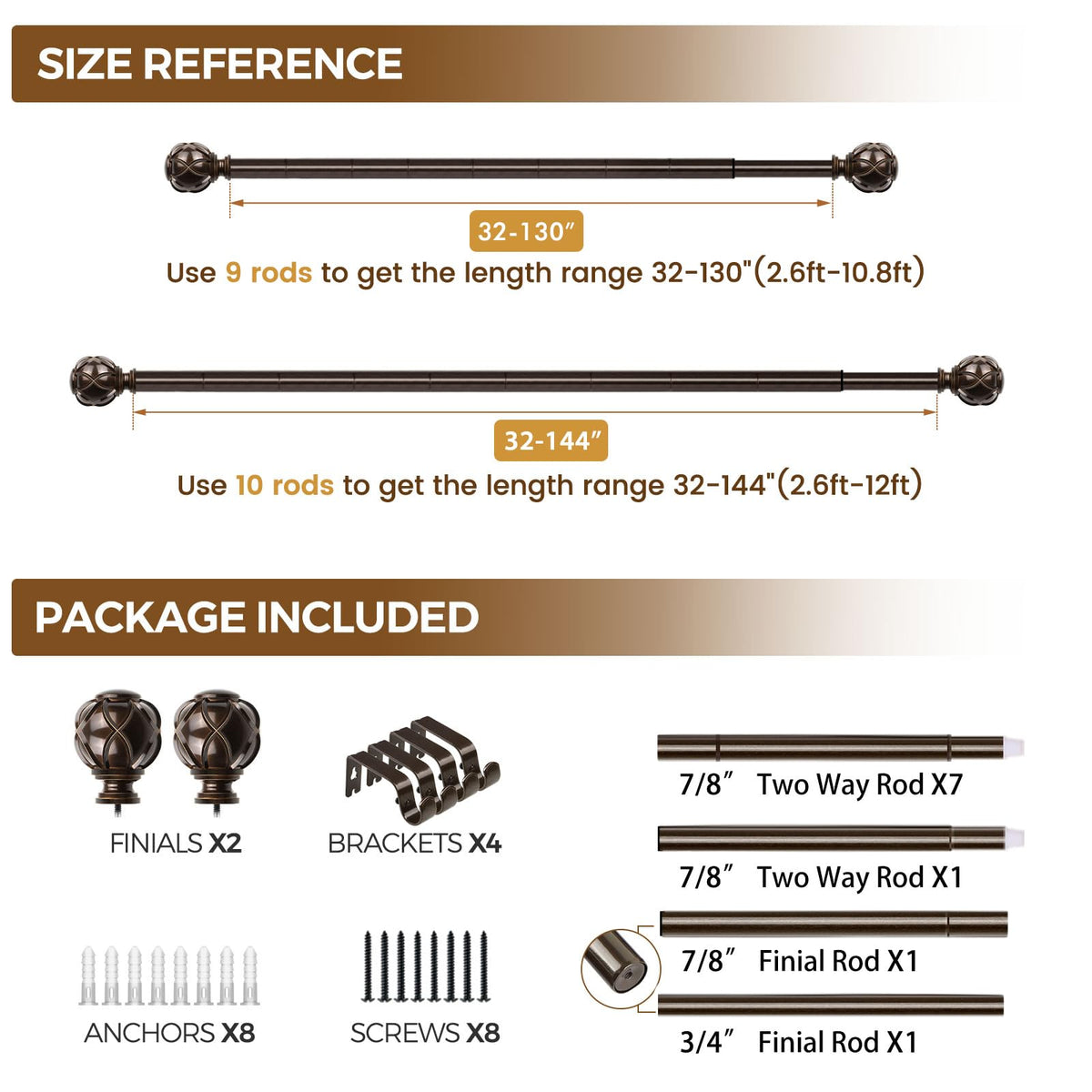 KAMANINA Curtain Rods for Windows 72 to 144 Inch, Long Heavy Duty, Bronze