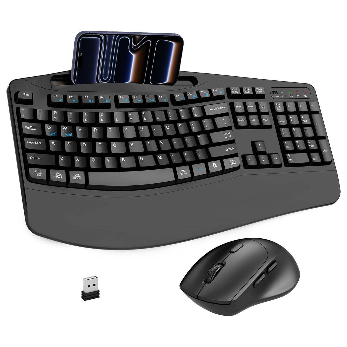 Wireless Keyboard and Mouse Combo, Full Size Ergonomic Wave Keys(Black)
