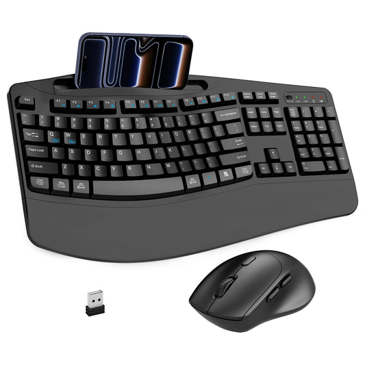 Wireless Keyboard and Mouse Combo, Full Size Ergonomic Wave Keys(Black)
