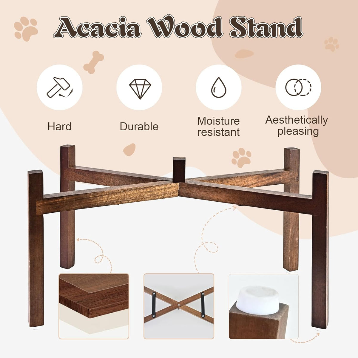 SPUNKYJUNKY Raised Ceramic Dog Bowls Set with Non-Slip Acacia Wood Stand for Large Sized Dog(60.87 OZ, White)