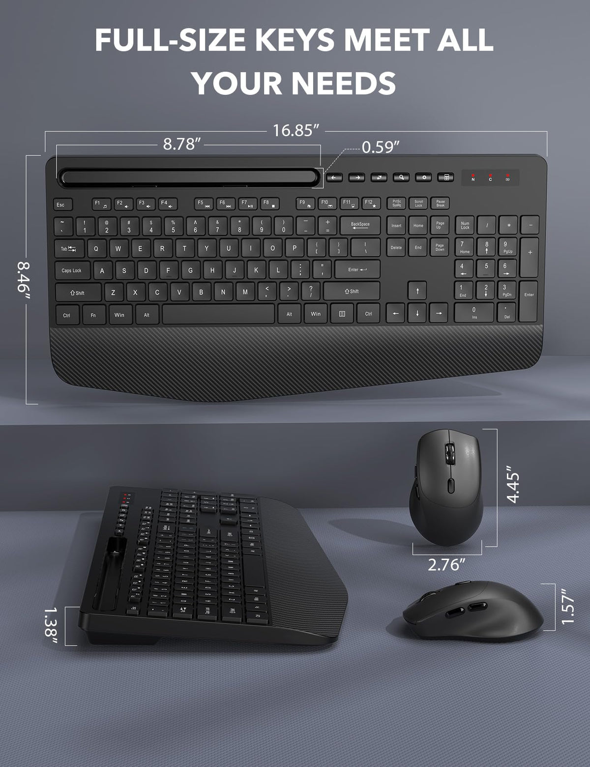 Wireless Keyboard and Mouse Combo - Full-Sized, Ergonomic Wrist Rest