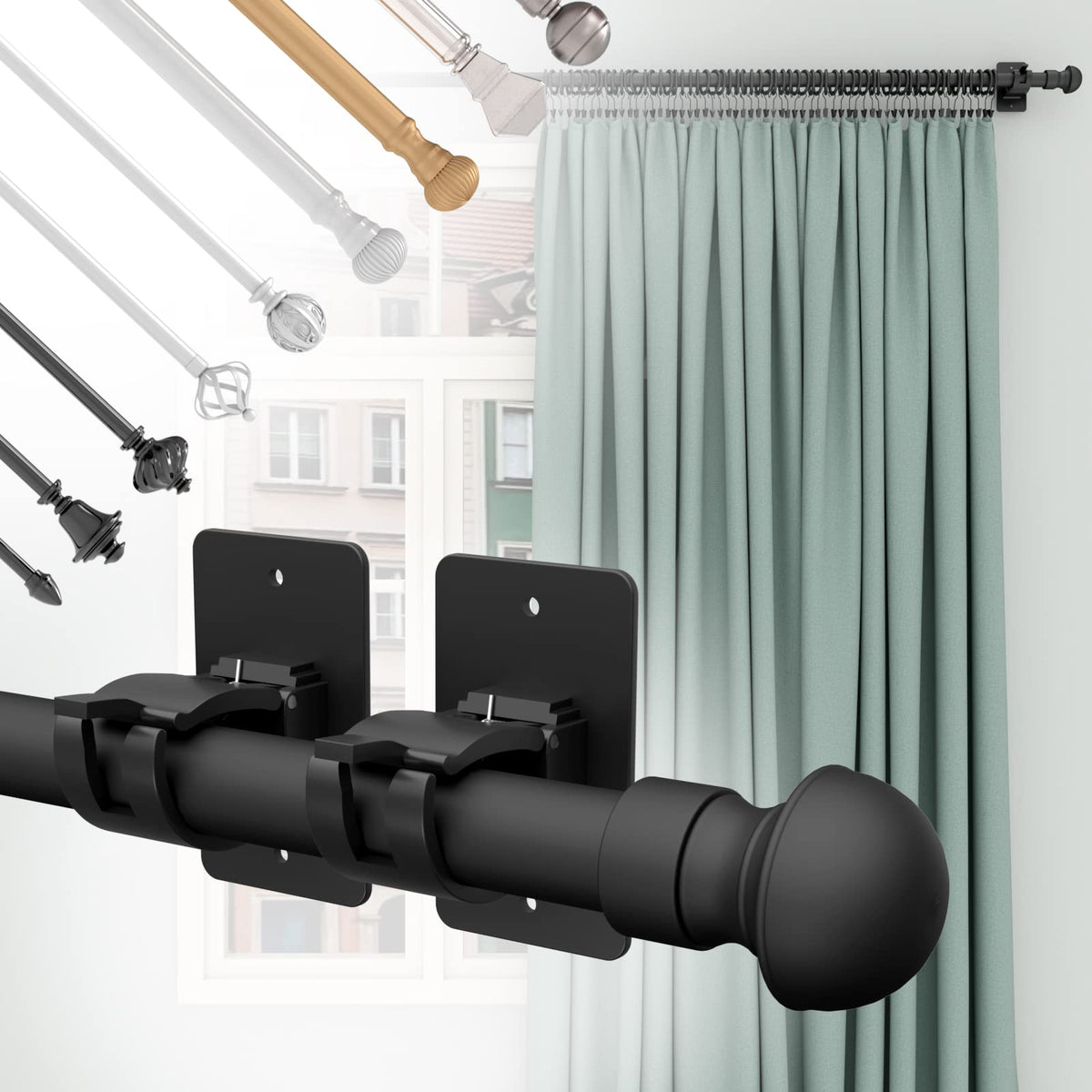 4 Pieces Self Adhesive Curtain Rod Bracket, Universal Plastic Curtain Rod Holders, No Drill Curtain Rod Brackets Curtain Rod Hooks for Bathroom, Bedroom, Livingroom, Kitchen (Black)