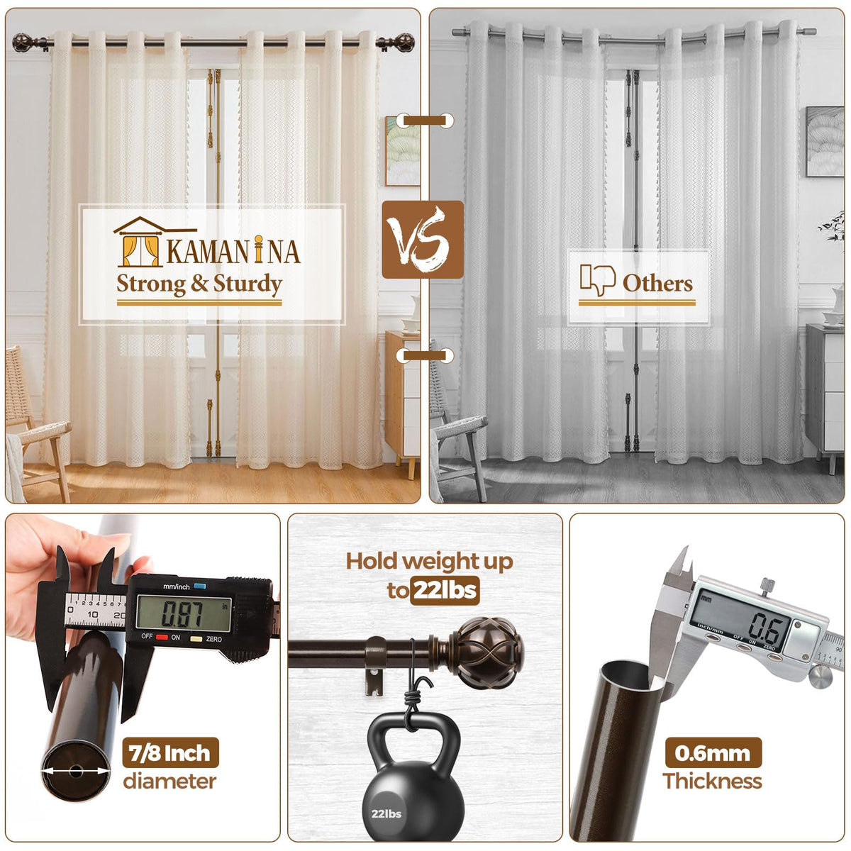 KAMANINA Curtain Rods for Windows 72 to 144 Inch, Long Heavy Duty, Bronze