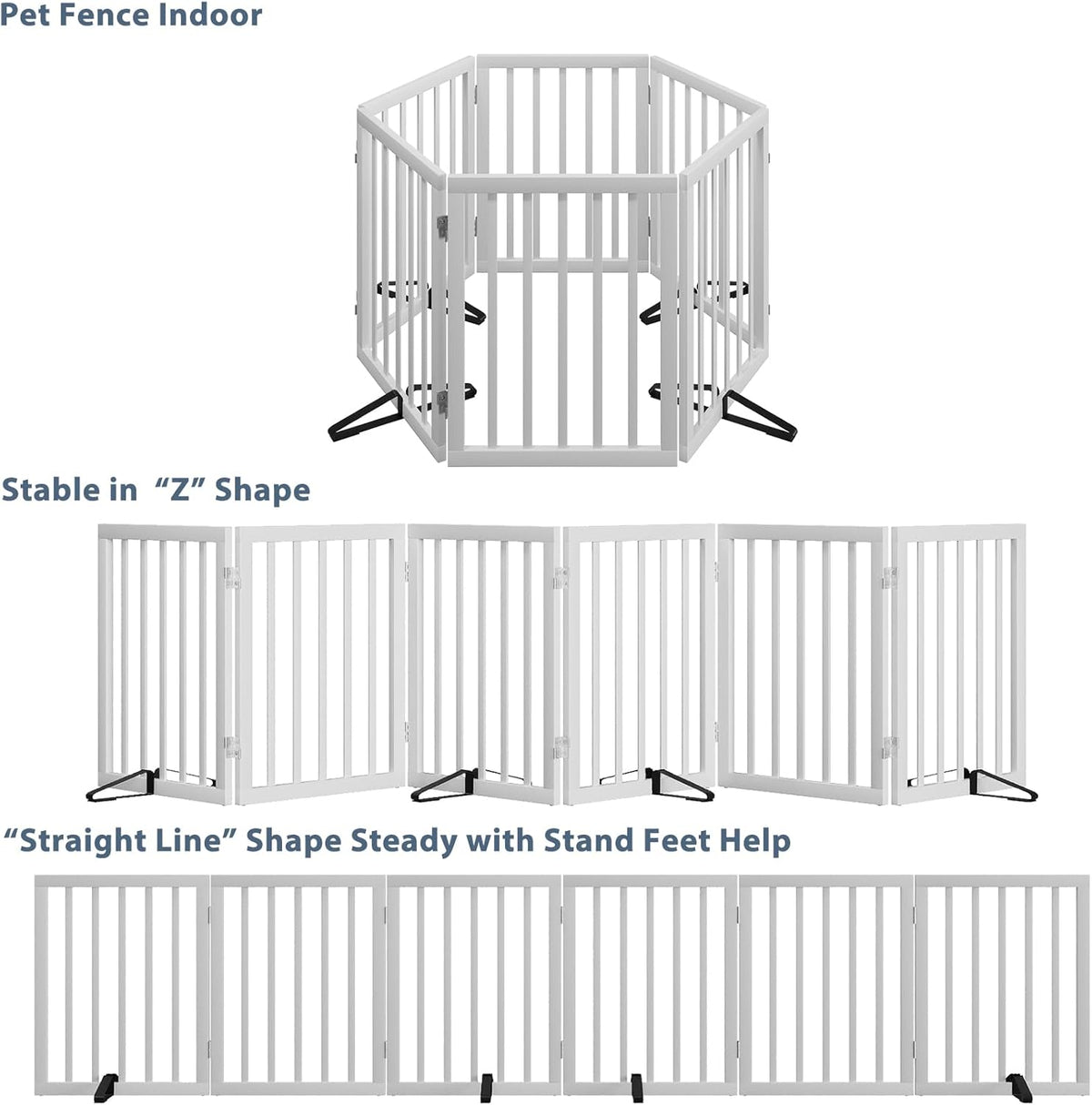 Dog Gates for Doorways Extra Wide 110inches (9ft), Wooden Freestanding Pet Gates for Dogs with 4 Support Stands, Foldable Gates for Dogs Indoor