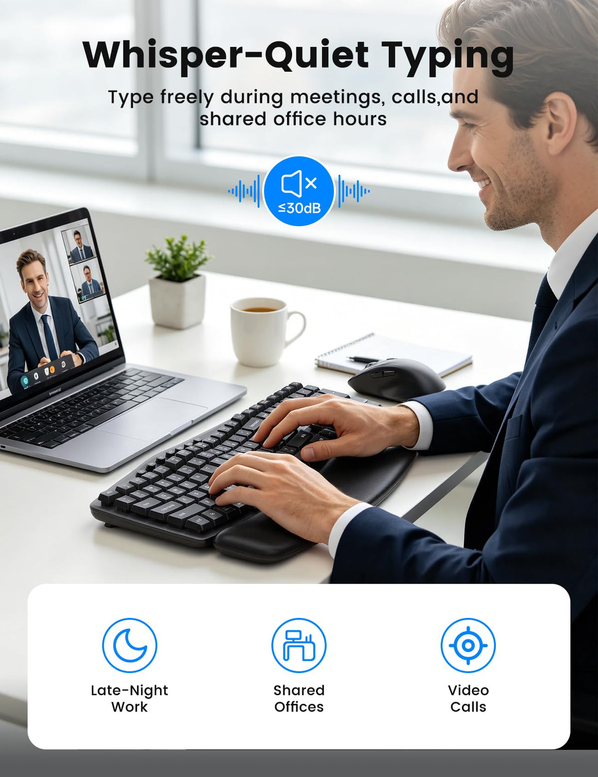 SABLUTE Wireless Keyboard and Mouse Combo, Ergonomic Wave, 30dB Quiet, MA41