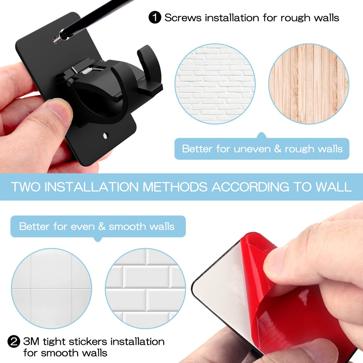 4 Pieces Self Adhesive Curtain Rod Bracket, Universal Plastic Curtain Rod Holders, No Drill Curtain Rod Brackets Curtain Rod Hooks for Bathroom, Bedroom, Livingroom, Kitchen (Black)