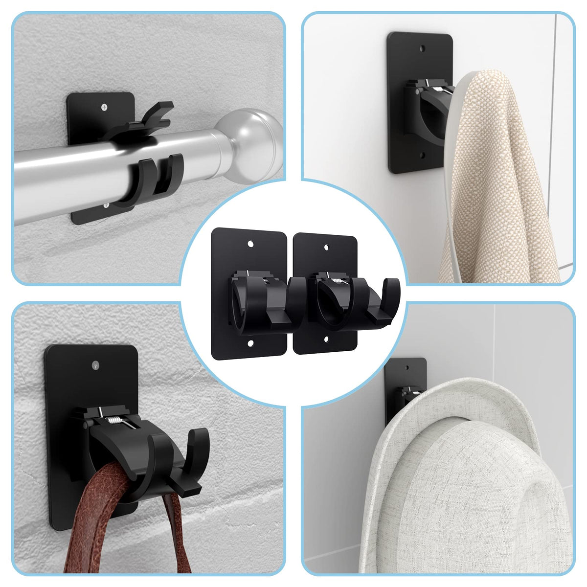 4 Pieces Self Adhesive Curtain Rod Bracket, Universal Plastic Curtain Rod Holders, No Drill Curtain Rod Brackets Curtain Rod Hooks for Bathroom, Bedroom, Livingroom, Kitchen (Black)