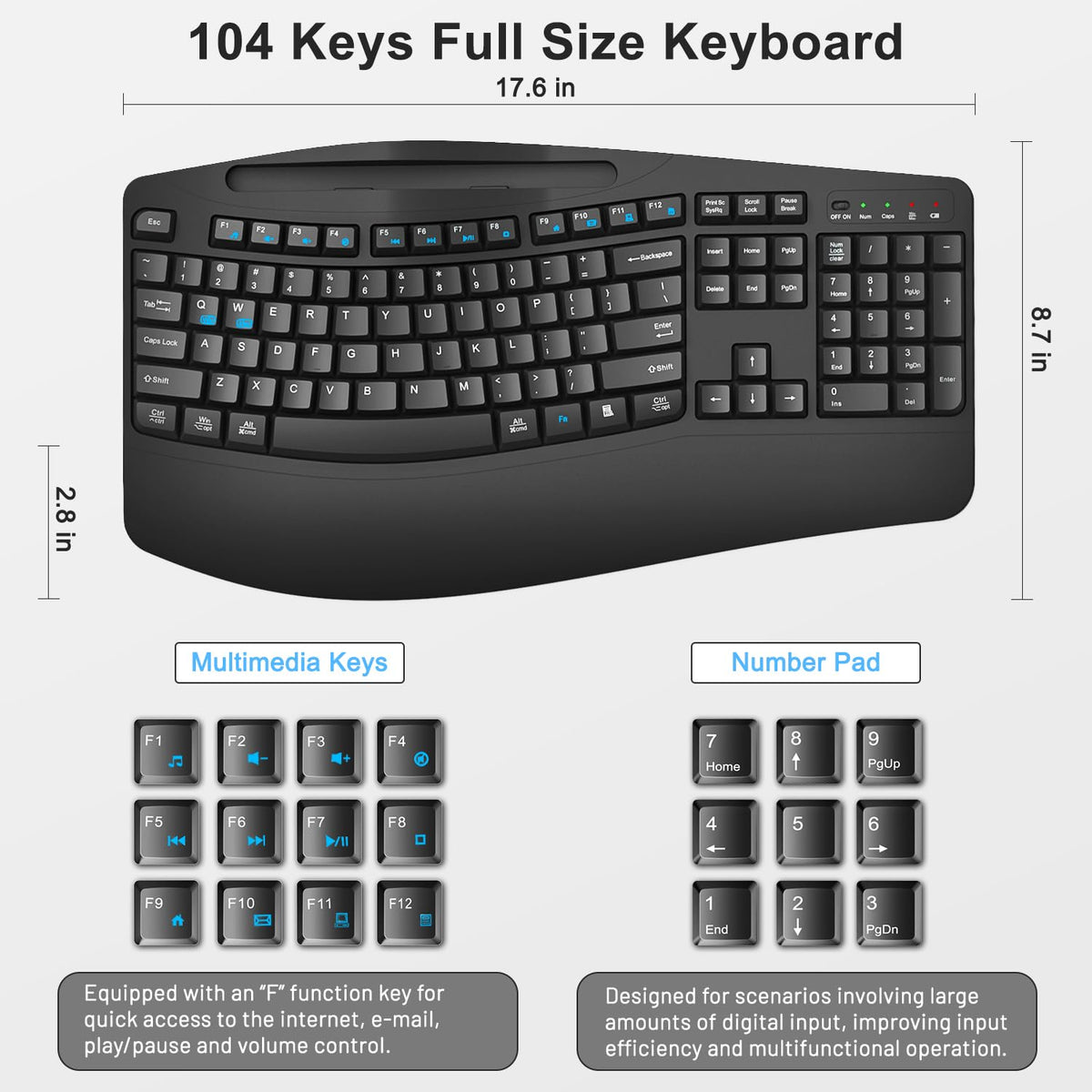 Wireless Keyboard and Mouse Combo, Full Size Ergonomic Wave Keys(Black)