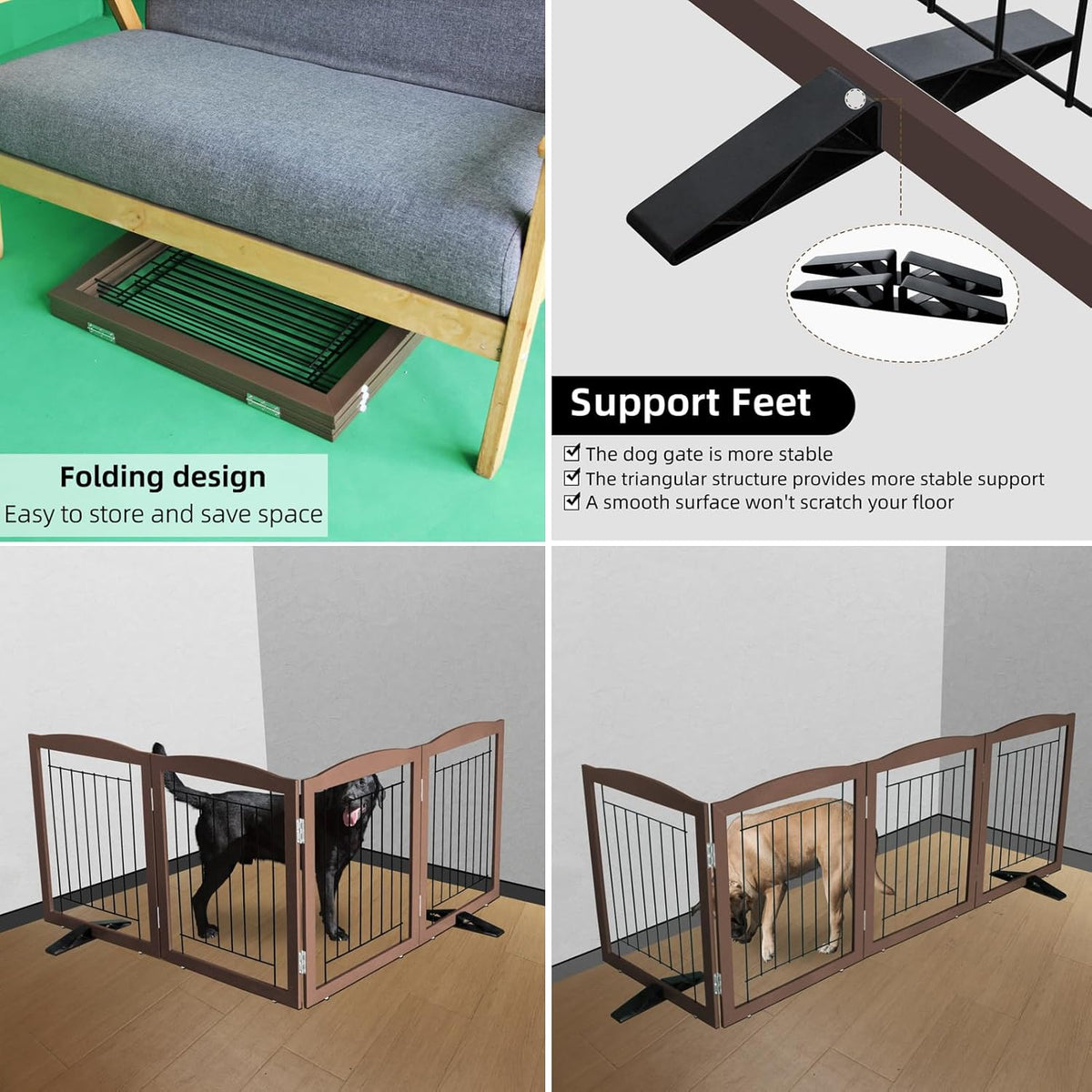 ZJSF Freestanding Dog Fence Indoor, Foldable Dog Gate for Doorways, Stairs or Hallways, Sturdy Wood Extra Wide Pet Gate with Support Feet for The House, Brown, 24 "Height-4 Panels