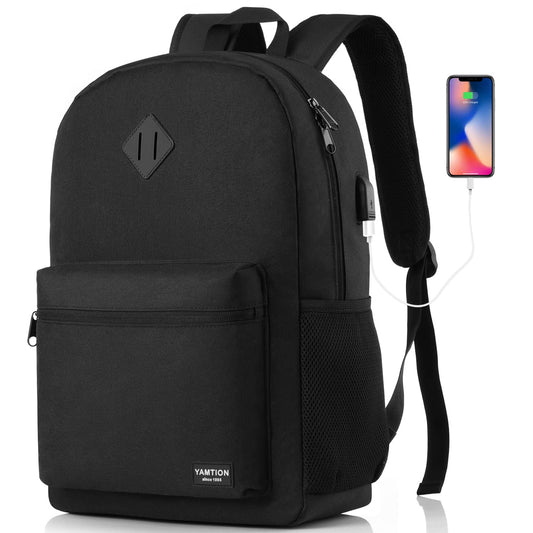 YAMTION Black Backpack for Women Men,Casual School Backpack Teen Boys and Girls 15.6 Inch Laptop Bookbag with USB Charger for College High School Travel Business