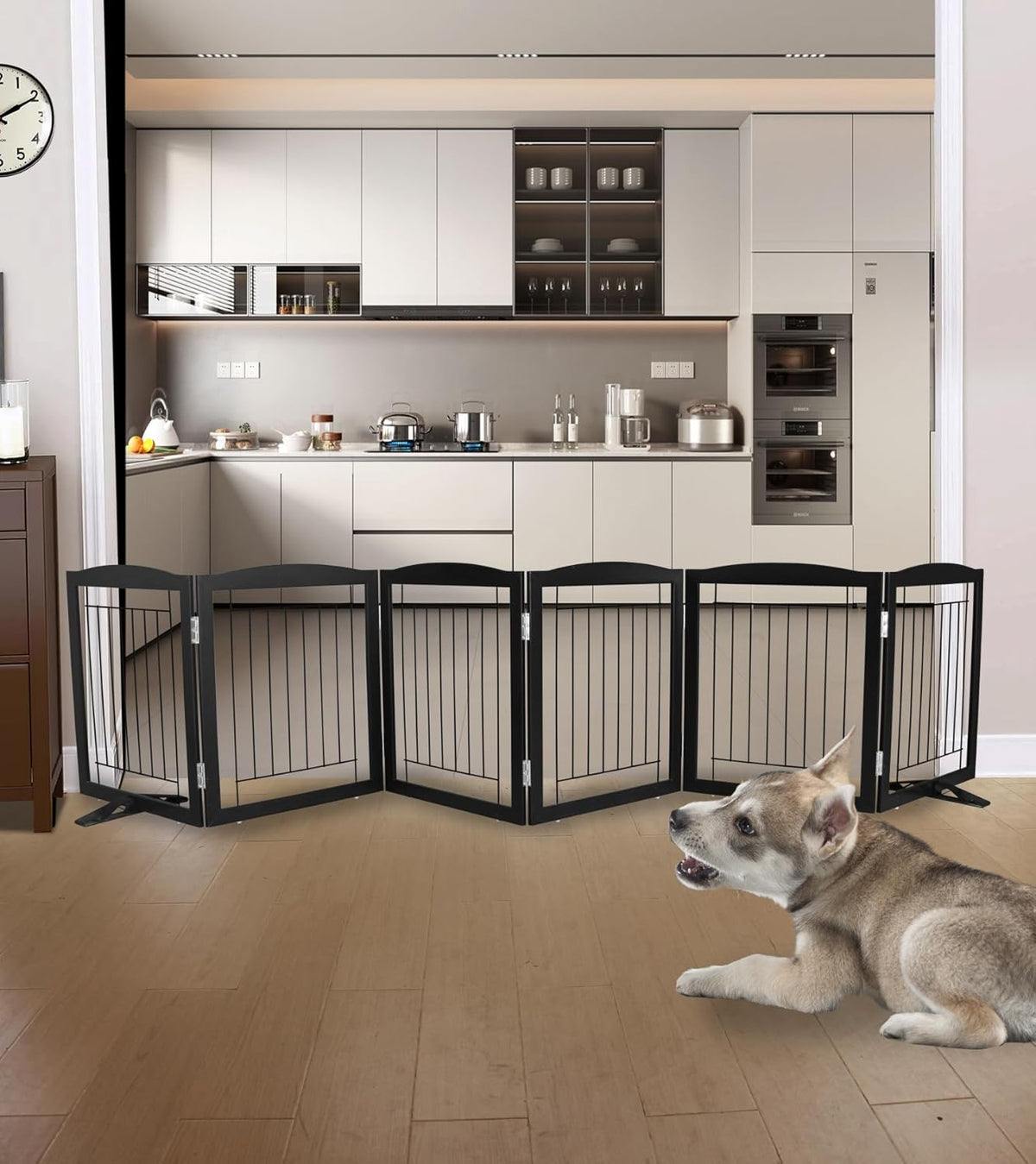 ZJSF Freestanding Dog Fence Indoor, Foldable Dog Gate for Doorways, Stairs or Hallways, Sturdy Wood Extra Wide Pet Gate with Support Feet for The House, Black, 24 "Height-6 Panels