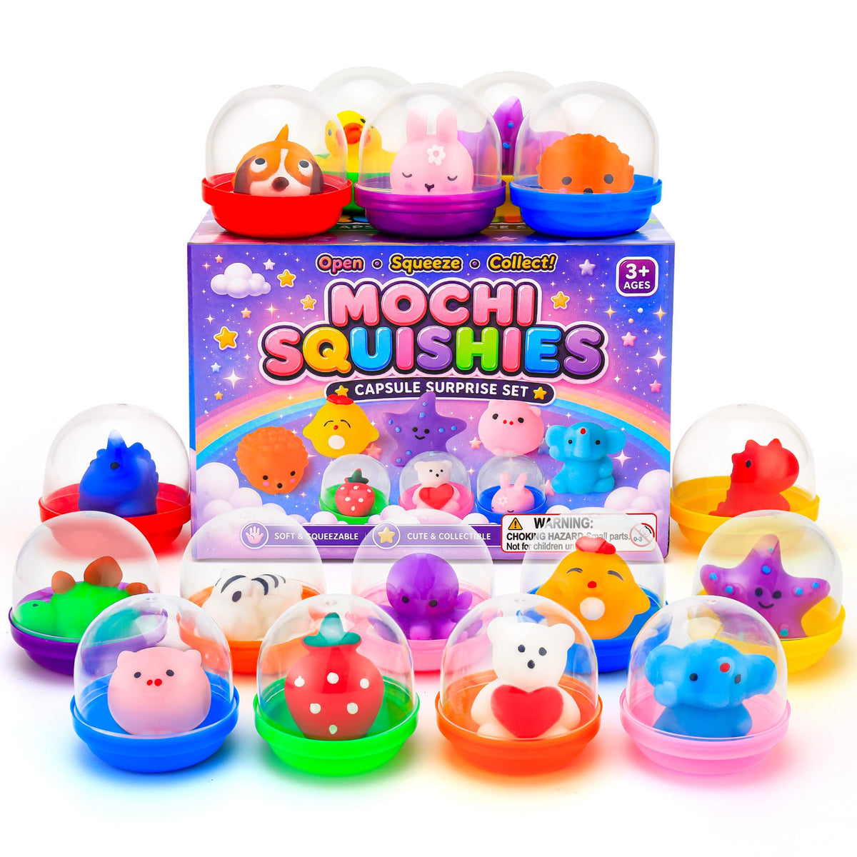 15 Mochi Squishy Toys with 15 Reusable Capsules | On-the-Go Sensory Play, Mess-Free Storage | Perfect Party Favors, Classroom Prizes, Goodie Bag Stuffers, Travel Toys for Kids