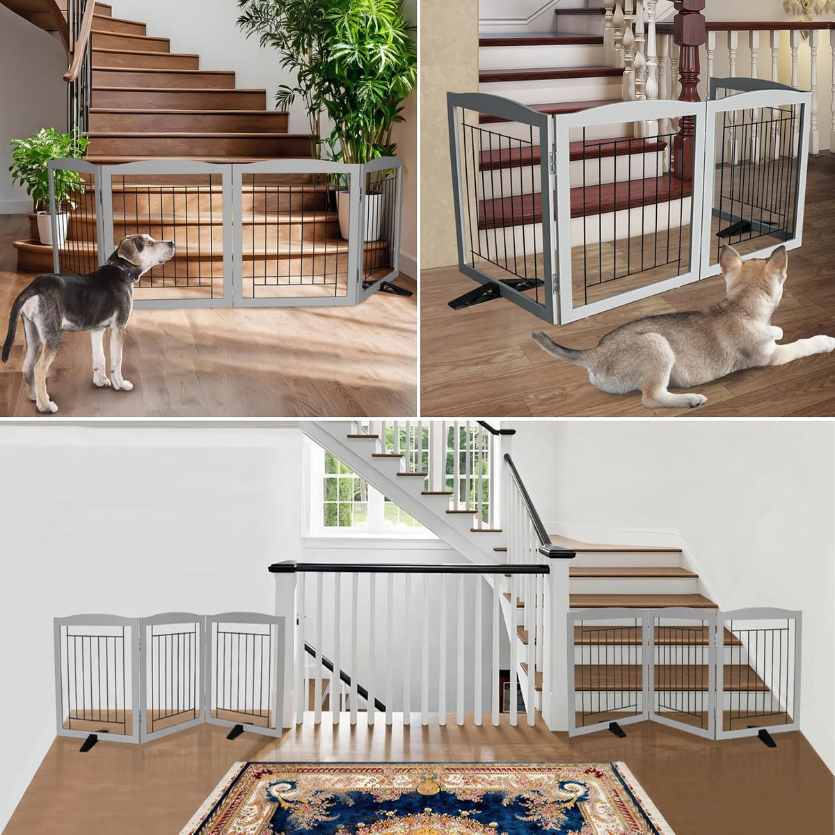 ZJSF Freestanding Dog Fence Indoor, Foldable Dog Gate for Doorways, Stairs or Hallways, Sturdy Wood Extra Wide Pet Gate with Support Feet for The House, Grey, 24 "Height-3 Panels