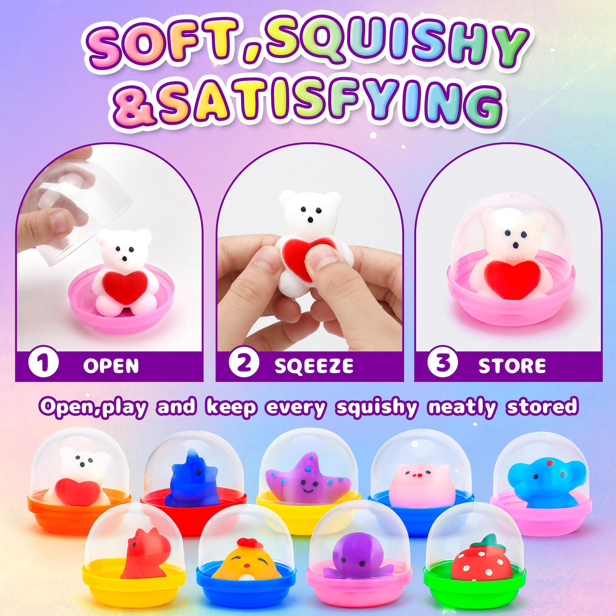 15 Mochi Squishy Toys with 15 Reusable Capsules | On-the-Go Sensory Play, Mess-Free Storage | Perfect Party Favors, Classroom Prizes, Goodie Bag Stuffers, Travel Toys for Kids