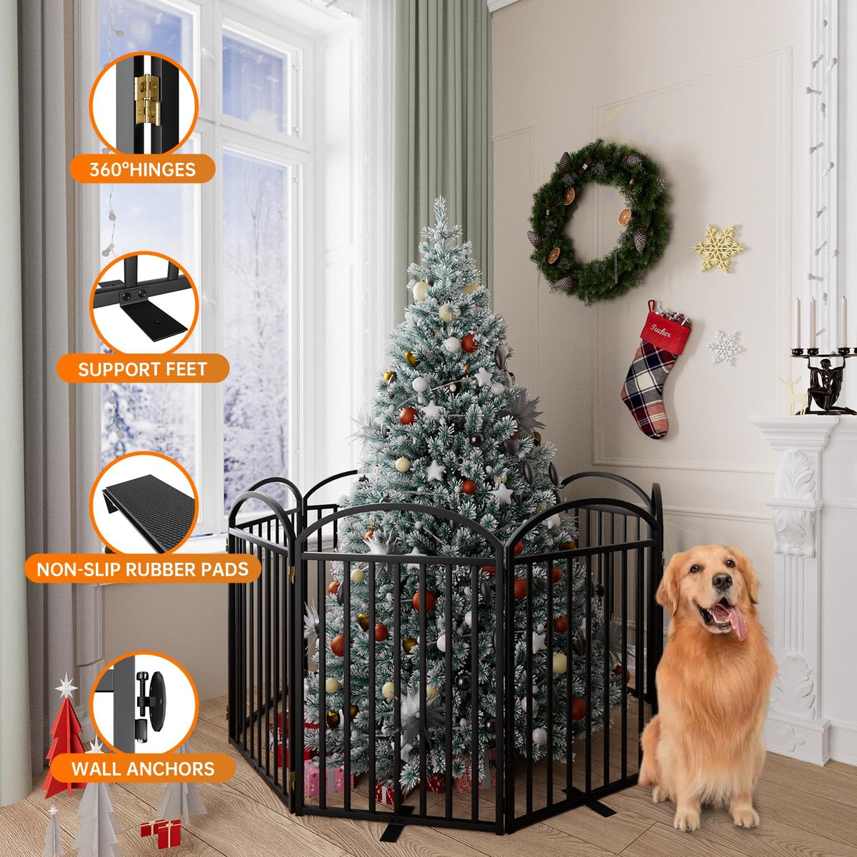 8 Panles Full Matel Freestanding Dog Gates with Door, 192"Extra Wide 32"Tall Free Standing Dog Pet Gate for Indoor & Outdoor. Foldable Pet Fences for Doorways, House, Stairs, Porch, Deck, Yard