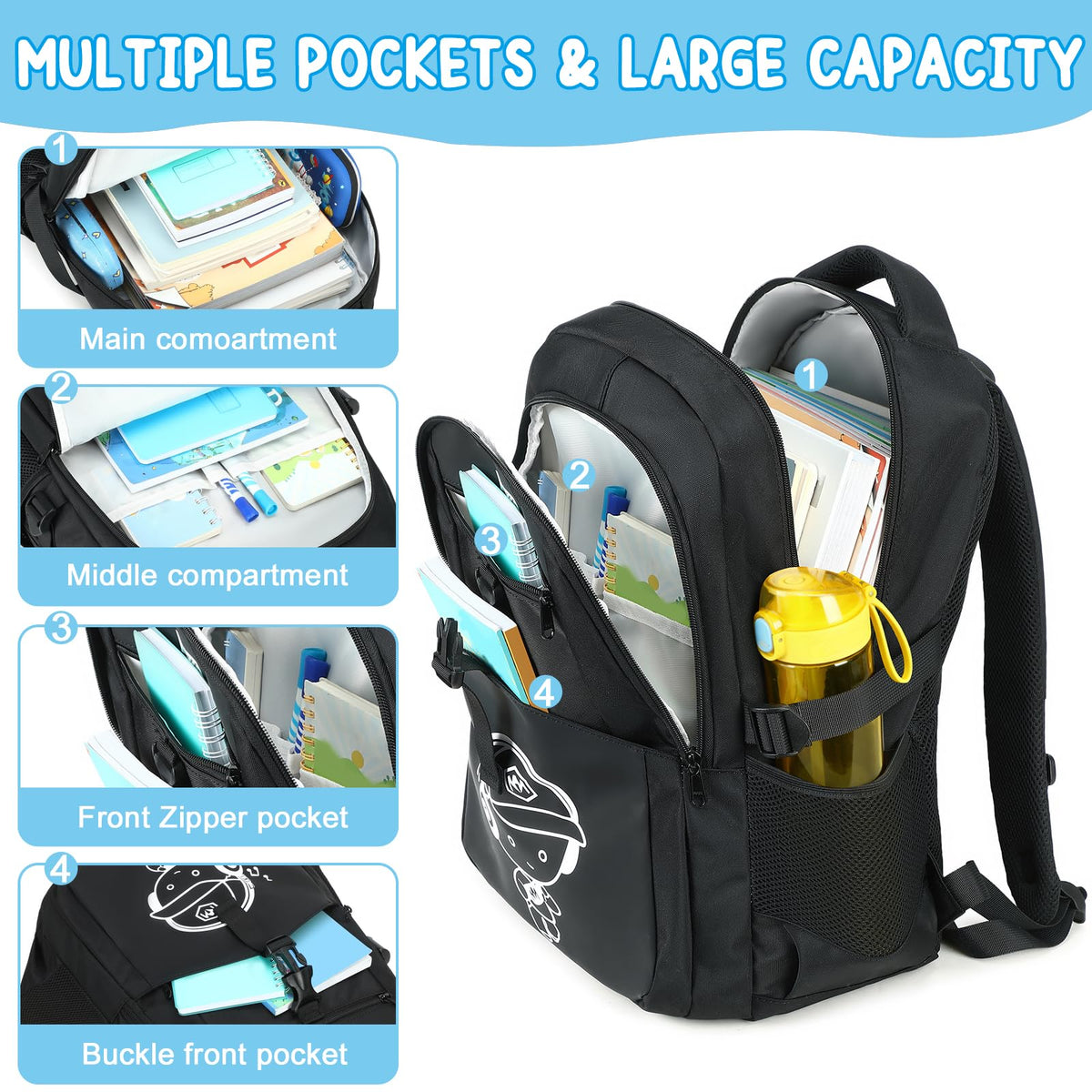 Bluboon Kids Backpack Boys Camo Bookbag Teens Elementary School Bag Daypack Travel Back Pack Middle school (Black-900)