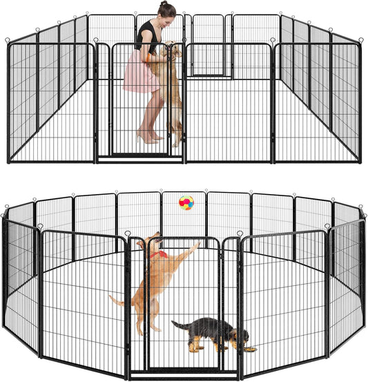 Dog Playpen Outdoor Extra Wide 16 Panels Heavy Duty Dog Fence 47" Height Anti-Rust with Doors Portable for RV Camping Yard, Total 42FT, 140 Sq.ft, Snowy Black