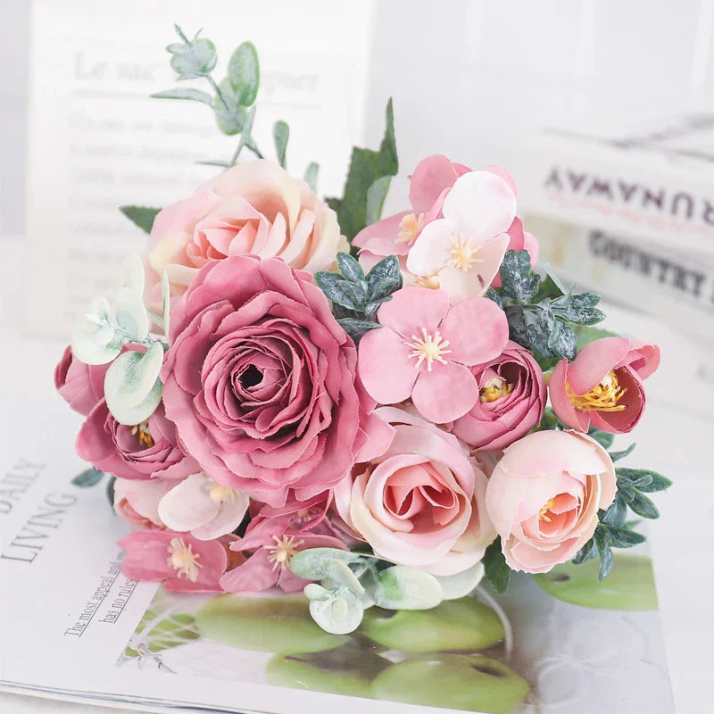 Artificial Flowers Silk Peony Hydrangea For Living Room Home Decoration Wedding Bride Bouquet Rose Fake Plants Table Accessories