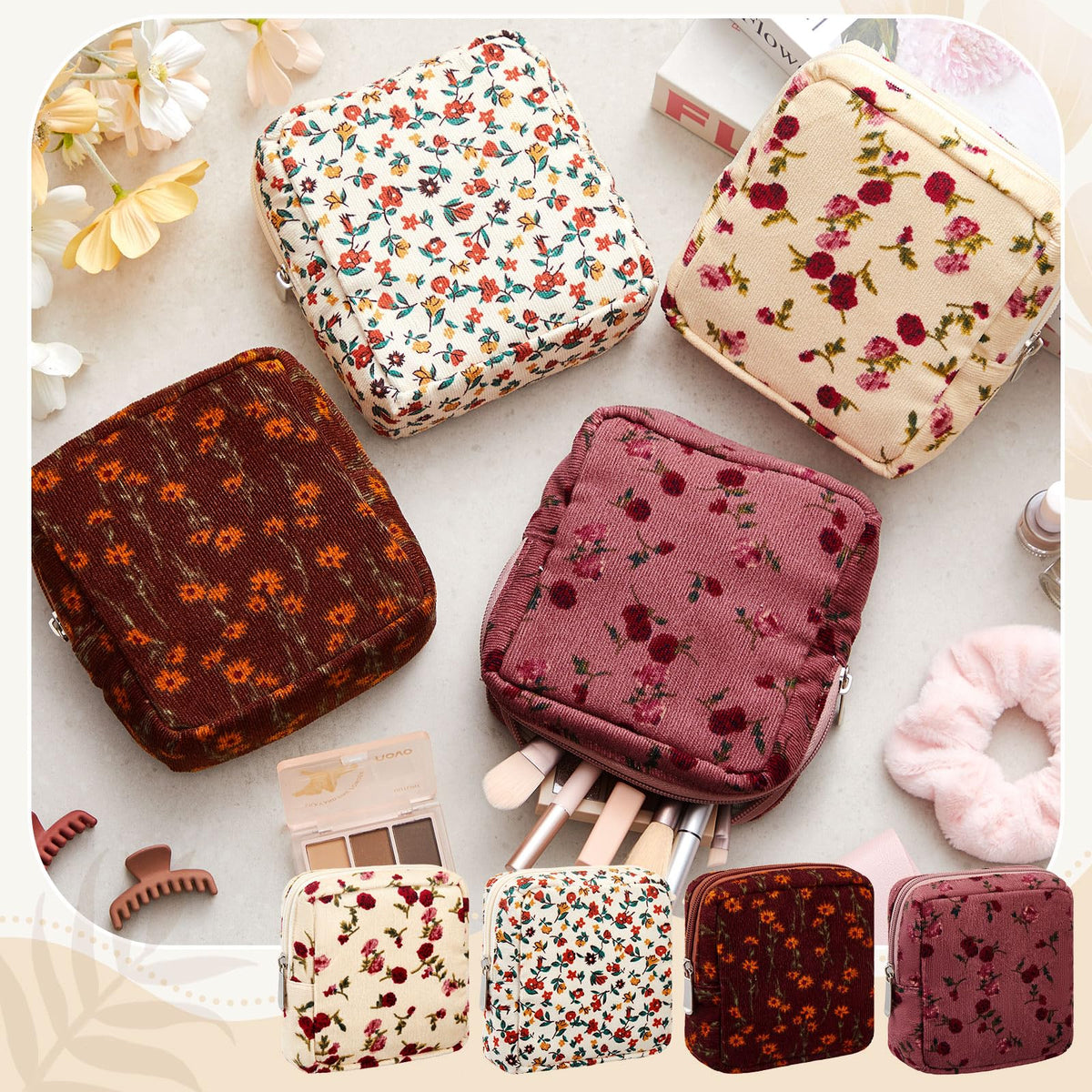 Abbylike 4 Pcs Floral Makeup Bag Cosmetic Bag with Zipper Portable Small Pouches for Purse Toiletry Mini Pouch Cute Mini Makeup Purse for Coin Essentials Items Women(Rose)