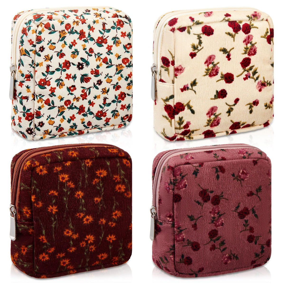 Abbylike 4 Pcs Floral Makeup Bag Cosmetic Bag with Zipper Portable Small Pouches for Purse Toiletry Mini Pouch Cute Mini Makeup Purse for Coin Essentials Items Women(Rose)