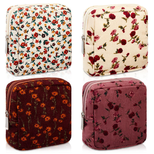 Abbylike 4 Pcs Floral Makeup Bag Cosmetic Bag with Zipper Portable Small Pouches for Purse Toiletry Mini Pouch Cute Mini Makeup Purse for Coin Essentials Items Women(Rose)