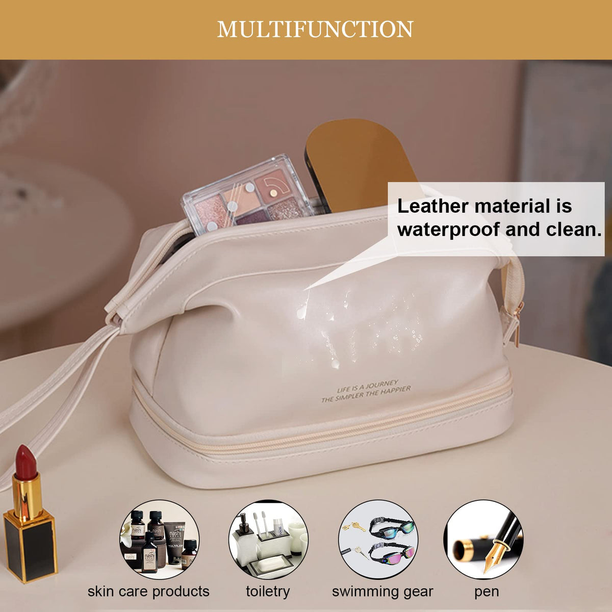 Abiudeng Waterproof Double Layer Makeup Bag for Women, Large Capacity Faux Leather Travel Cosmetic Bag with Compartments & Brush Holder, Portable Makeup Organizer for Traveling Gift for women