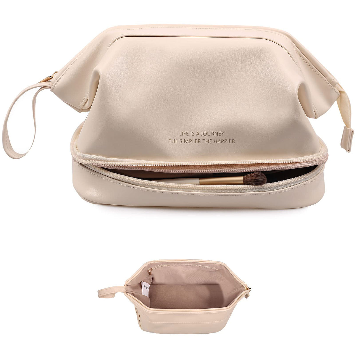 Abiudeng Waterproof Double Layer Makeup Bag for Women, Large Capacity Faux Leather Travel Cosmetic Bag with Compartments & Brush Holder, Portable Makeup Organizer for Traveling Gift for women