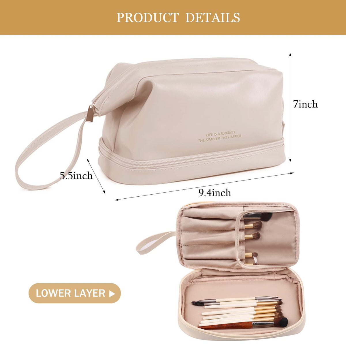 Abiudeng Waterproof Double Layer Makeup Bag for Women, Large Capacity Faux Leather Travel Cosmetic Bag with Compartments & Brush Holder, Portable Makeup Organizer for Traveling Gift for women