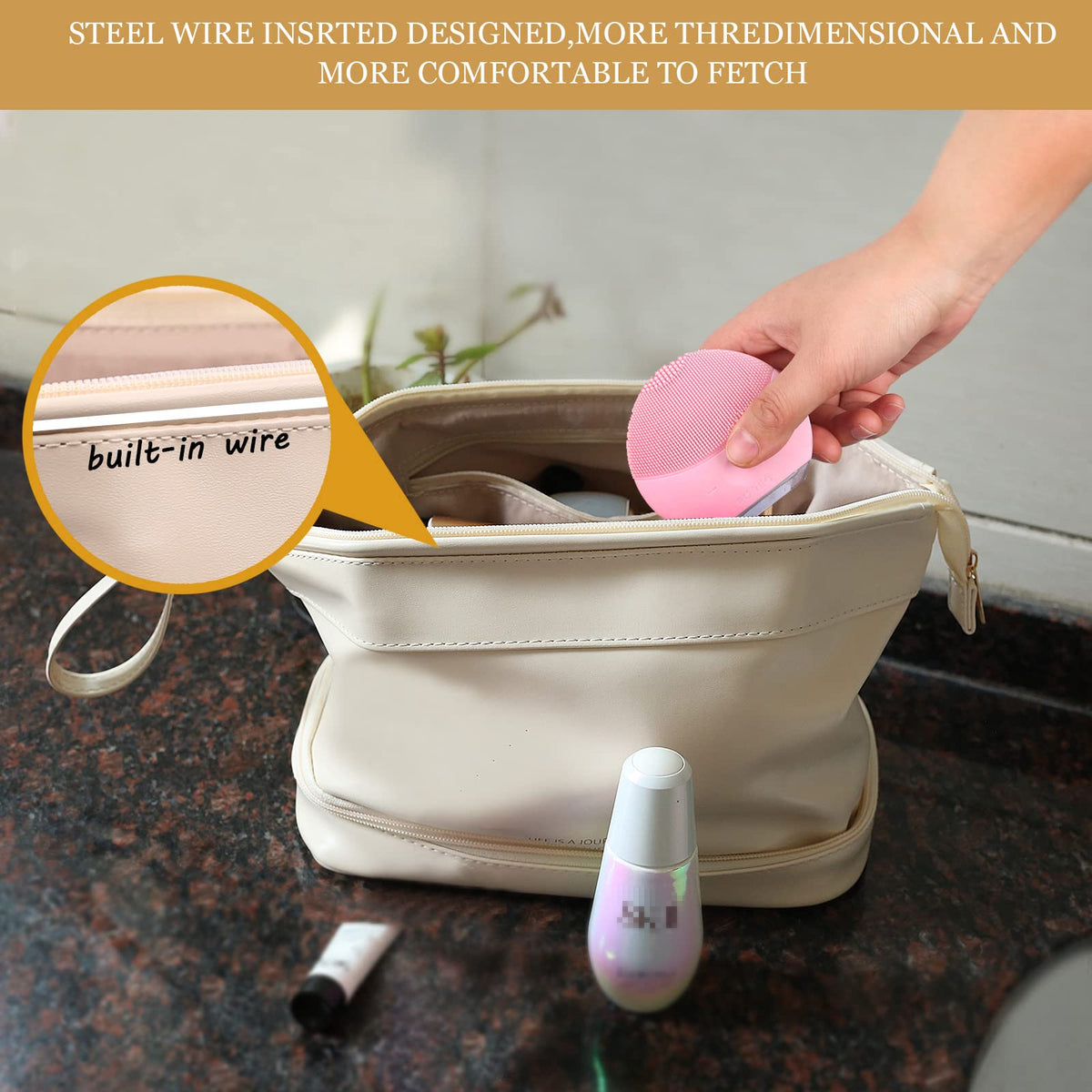 Abiudeng Waterproof Double Layer Makeup Bag for Women, Large Capacity Faux Leather Travel Cosmetic Bag with Compartments & Brush Holder, Portable Makeup Organizer for Traveling Gift for women