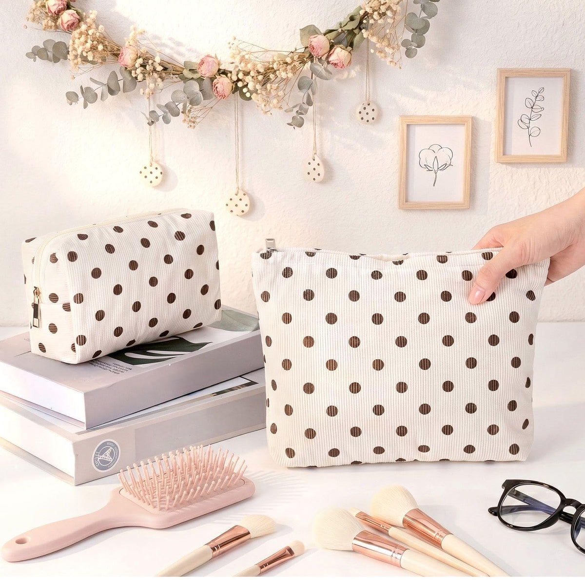Aliceset 2 Pcs Makeup Bag Set Corduroy Cosmetic Pouch for Purse Large Travel Toiletry Bag Design Aesthetic Cotton Zipper Organizer for Women Gift Beauty Essentials(Polka Dot Beige)